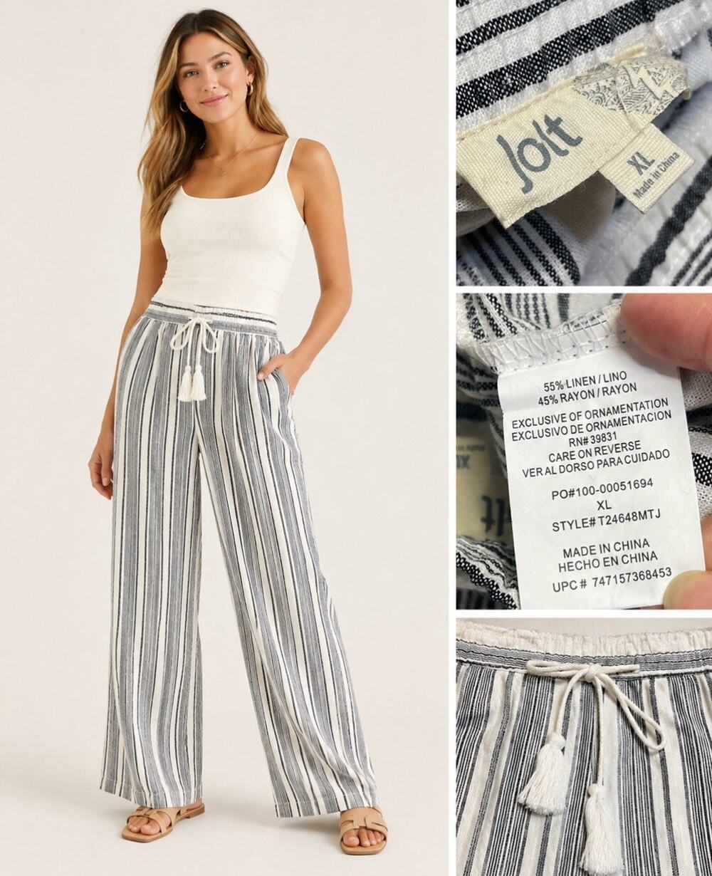 Coastal Jolt Women's Wide Leg Linen Pull-On Pants Size XL Black White Stripe